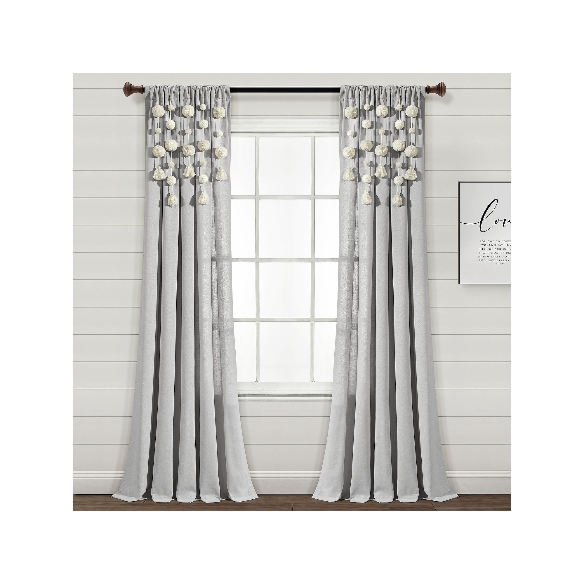 Lush Decor Boho Pom Pom Tassel Linen Window Curtain, Light Gray