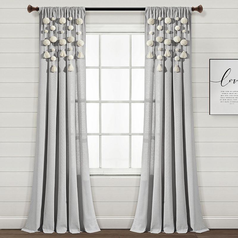 Lush Decor Boho Pom Pom Tassel Linen Window Curtain, Grey, 52X84