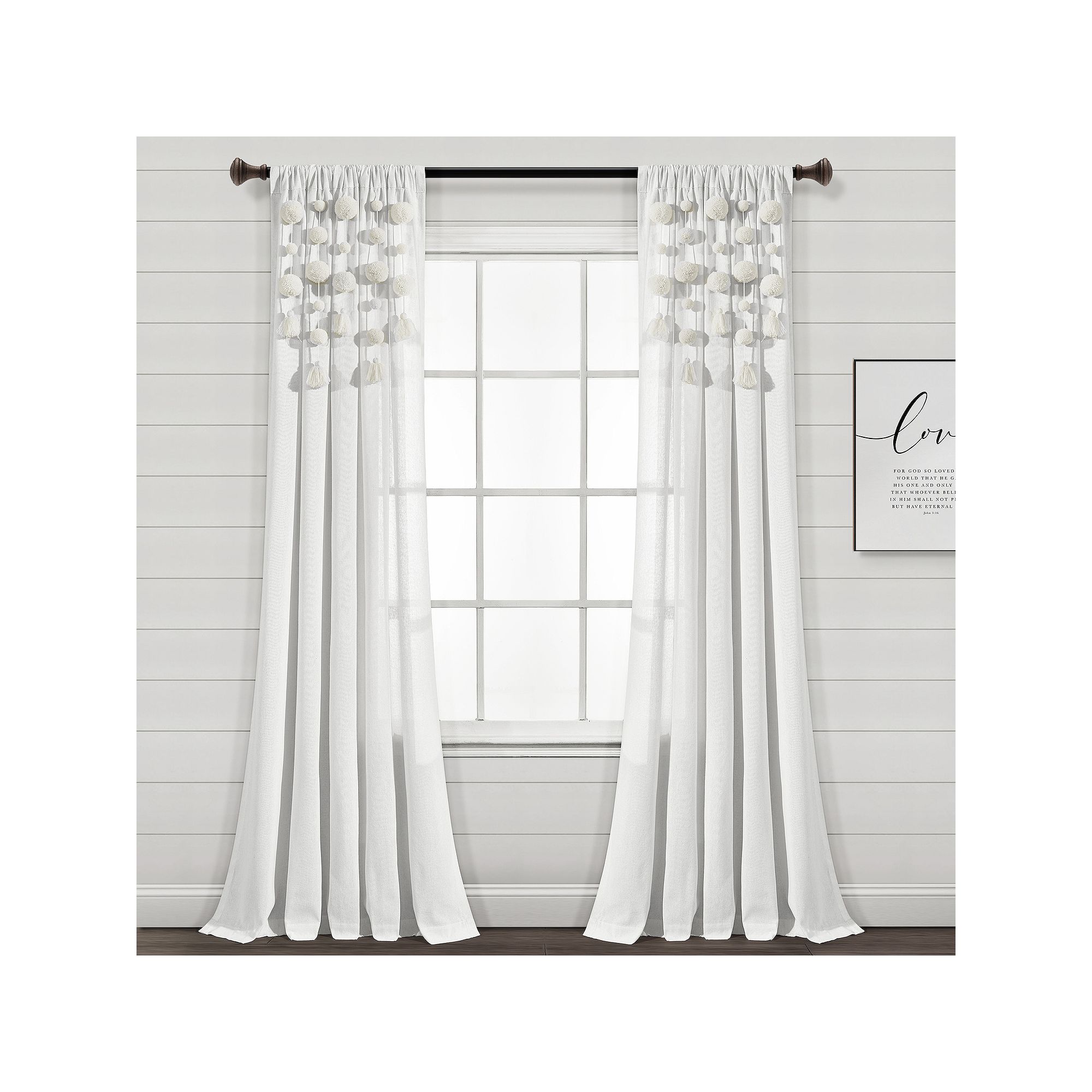 Lush Decor Boho Pom Pom Tassel Linen Window Curtain, Off White