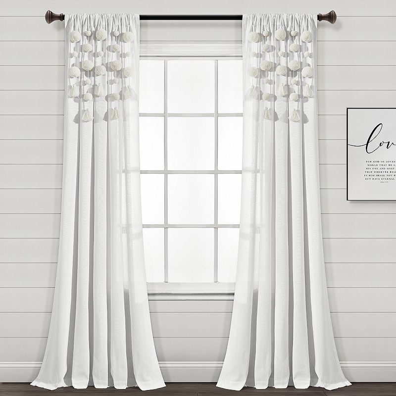 Lush Decor Boho Pom Pom Tassel Linen Window Curtain Panel Off White Single 52X95