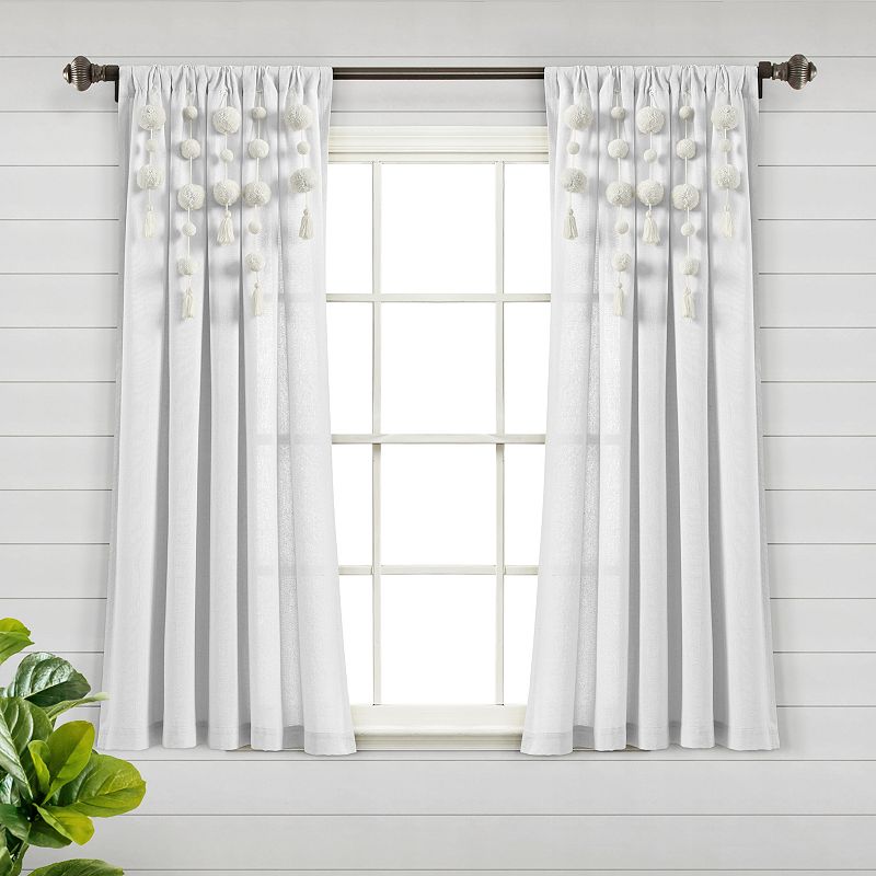 Lush Decor Boho Pom Pom Tassel Linen Window Curtain Panel Off White Single 52X63