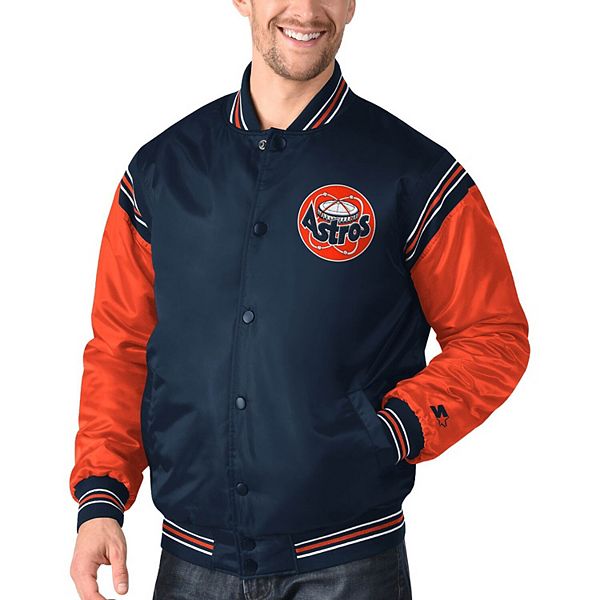 Men's Houston Astros Starter Navy/Orange Reliever Varsity Satin Raglan  Full-Snap Jacket