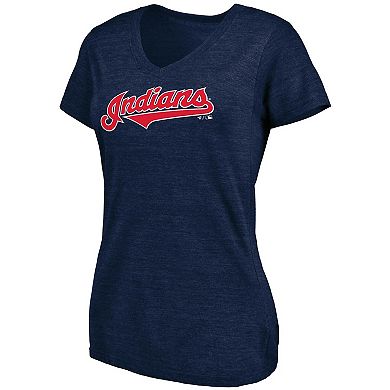 Women's Fanatics Branded Heathered Navy Cleveland Indians Wordmark Tri-Blend V-Neck T-Shirt