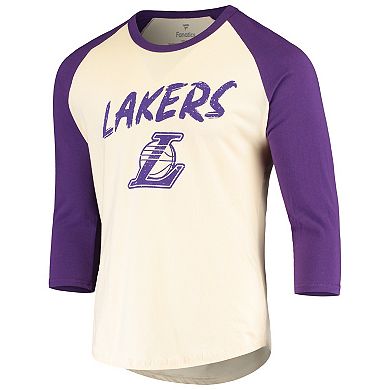 Men's Fanatics Branded LeBron James Cream/Purple Los Angeles Lakers Raglan 3/4 Sleeve T-Shirt
