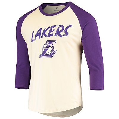 Men s Fanatics Branded LeBron James Cream Purple Los Angeles Lakers Raglan 3 4 Sleeve T Shirt