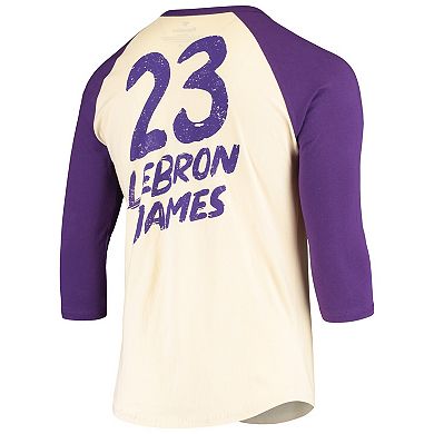 Men's Fanatics Branded LeBron James Cream/Purple Los Angeles Lakers Raglan 3/4 Sleeve T-Shirt