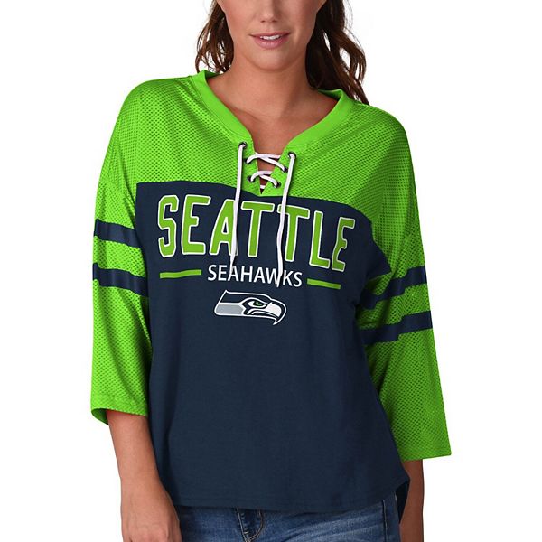 Women's G-III 4Her by Carl Banks College Navy/Neon Green Seattle Seahawks  Double Wing Lace-Up 3/4 Sleeve T-Shirt