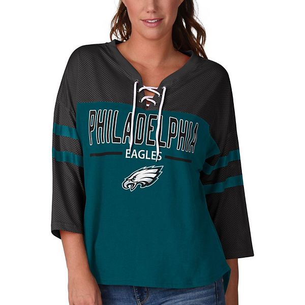 Women's G-III 4Her by Carl Banks Midnight Green/Black Philadelphia Eagles  Double Wing Lace-Up 3/4 Sleeve T-Shirt