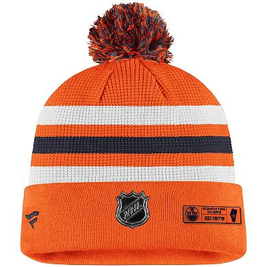 Men's Fanatics Orange/Navy Edmonton Oilers 2020 NHL Draft Authentic Pro Cuffed Pom Knit Hat