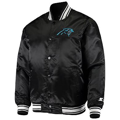 Men's Starter Black Carolina Panthers Locker Room Satin Varsity Full-Snap Jacket