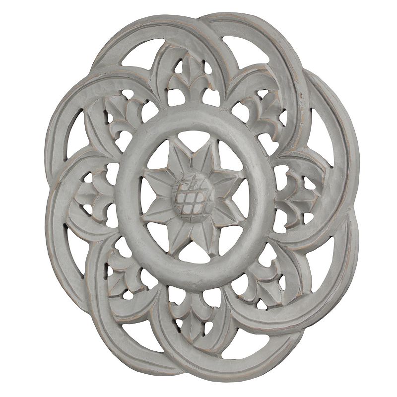 Hand-Carved Arabesque Floral Medallion Wall Decor, Grey, 16X16