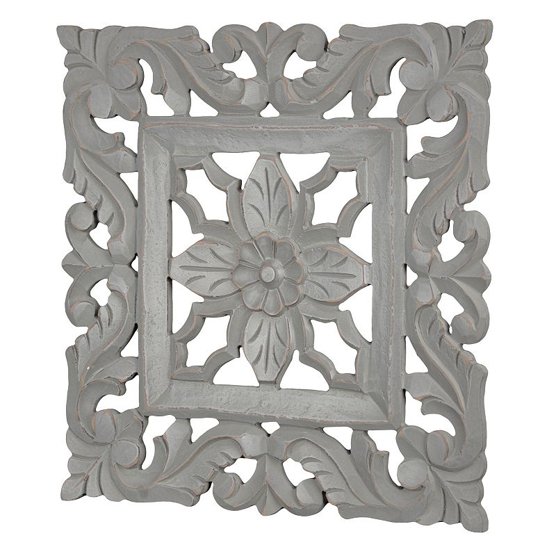 Hand-Carved Floral Square Medallion Wall Decor, Grey, 16X16