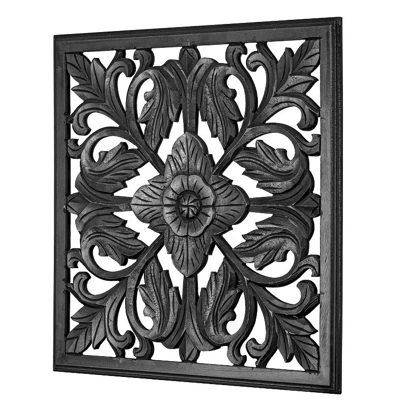 Hand-Carved Square Arabesque Medallion Wall Decor, Black, 24X24