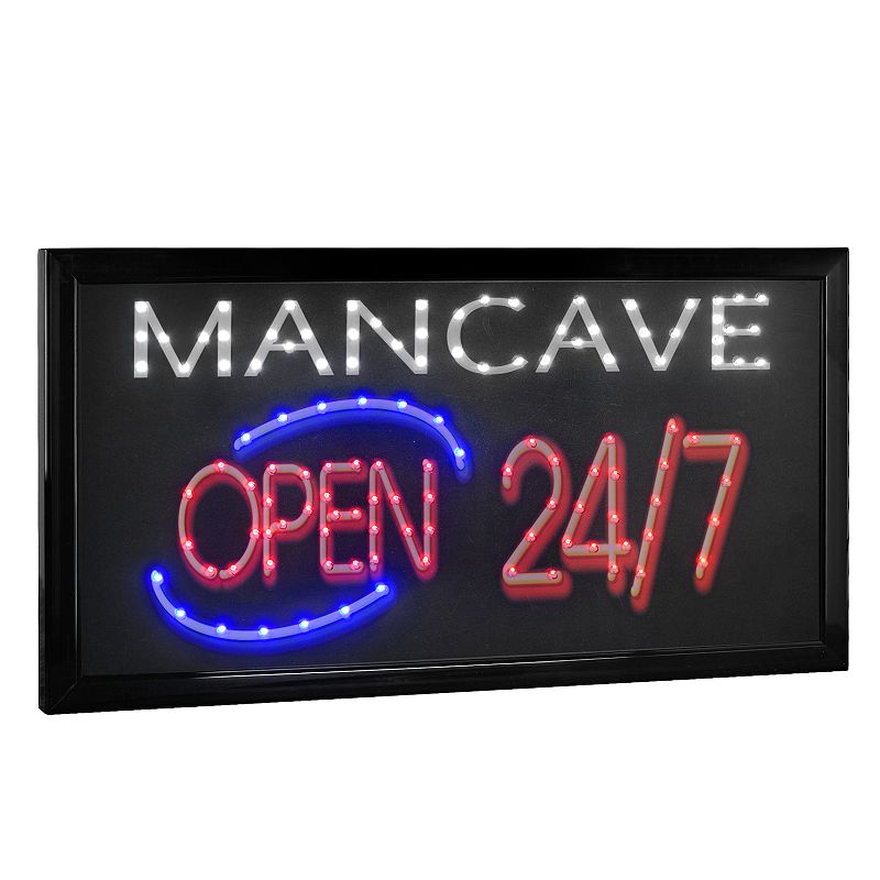 Man Cave Open 24/7 Framed LED Sign, Black, 10X19