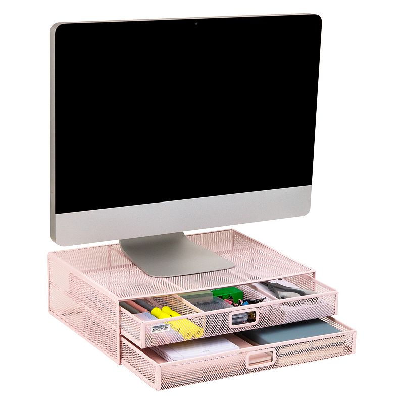Mind Reader Metal Desk Monitor Stand Riser With 2 Organizer Drawers, Pink