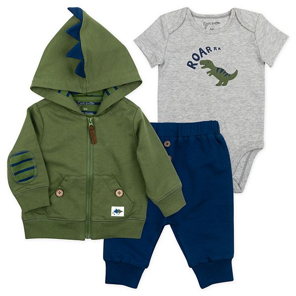 Baby Boy 3 Piece Dinosaur Sweatshirt & Pants & Bodysuit w/ Hood NWT JOY NB 3 6
