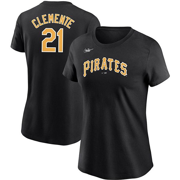 Women's Nike Roberto Clemente Black Pittsburgh Pirates Cooperstown  Collection Name & Number T-Shirt