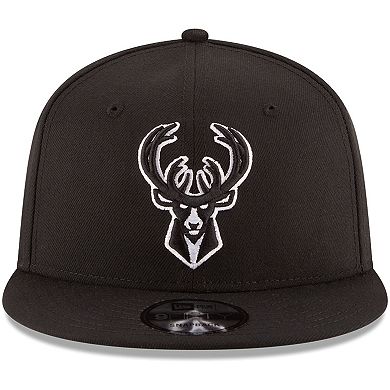 Men's New Era Black Milwaukee Bucks Black & White Logo 9FIFTY Adjustable Snapback Hat