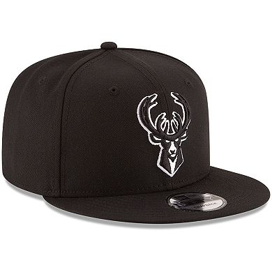 Men's New Era Black Milwaukee Bucks Black & White Logo 9FIFTY Adjustable Snapback Hat