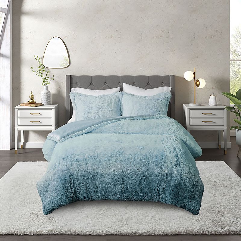 CosmoLiving by Cosmopolitan Cleo Ombre Shaggy Faux Fur Comforter Set, Blue,