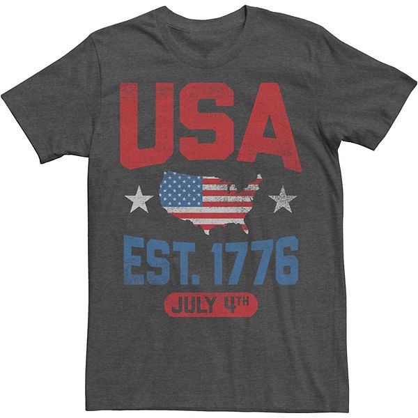 Big & Tall USA Nation Shaped Flag Est 1776 July 4th Tee