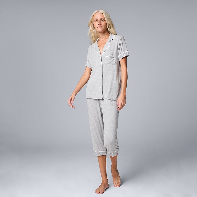 Women's Simply Vera Vera Wang Basic Luxury ¾ Sleeve Pajama Shirt & Pants  Sleep Set