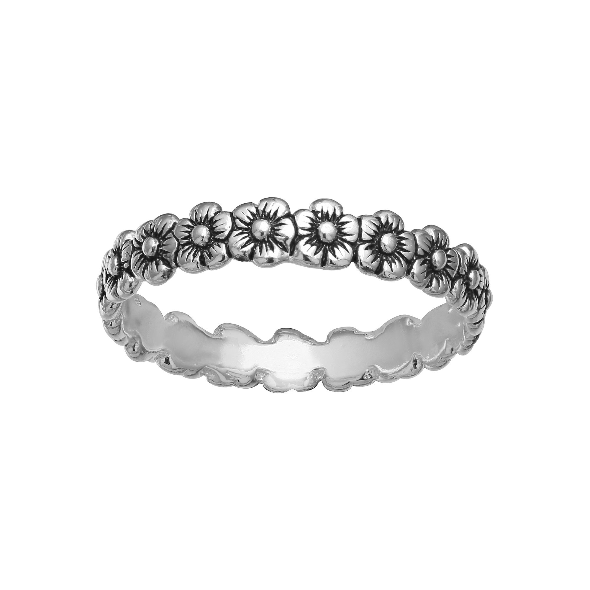 PRIMROSE Sterling Silver Oxidized Flowers Band Ring, Womens, Size: 8