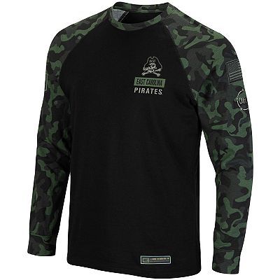 Men s Colosseum Black ECU Pirates OHT Military Appreciation Camo Raglan Long Sleeve T Shirt