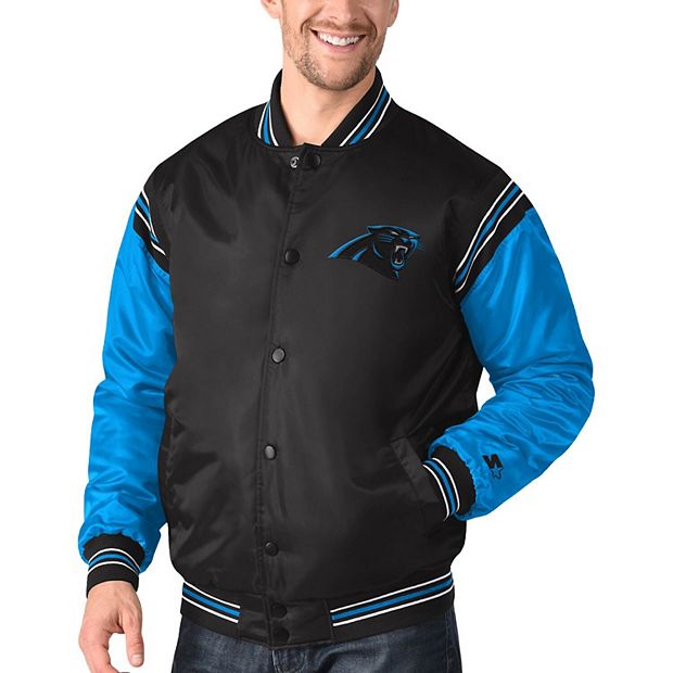 Men's Starter Black/Blue Carolina Panthers Enforcer Satin Varsity Full-Snap  Jacket