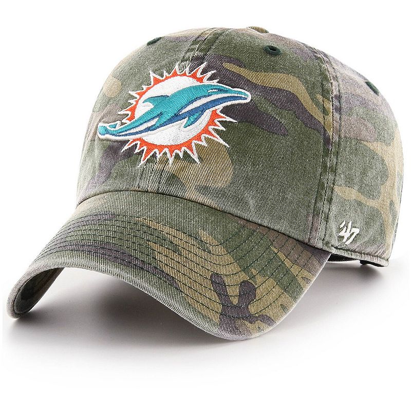 Mens 47 Camo Miami Dolphins Woodland Clean Up Adjustable Hat, Green