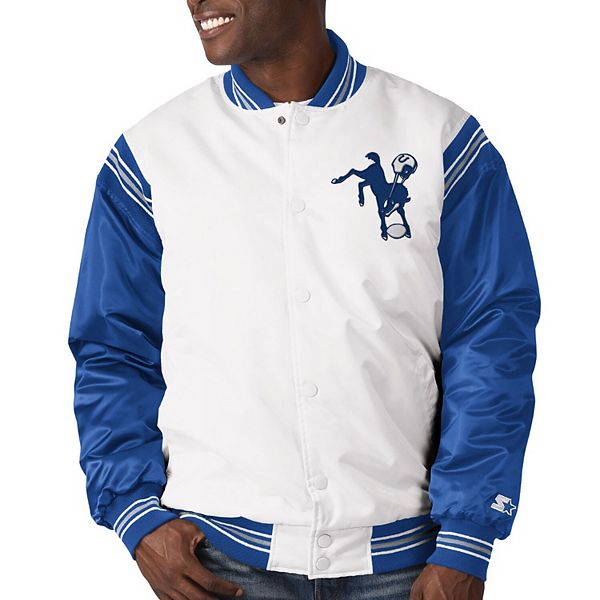 Men's Starter White Indianapolis Colts Throwback Warm Up Pitch Satin  Full-Snap Varsity Jacket