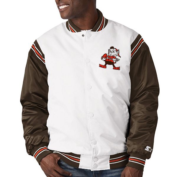 Men's Starter White/Brown Cleveland Browns Historic Logo Renegade Satin  Varsity Full-Snap Jacket
