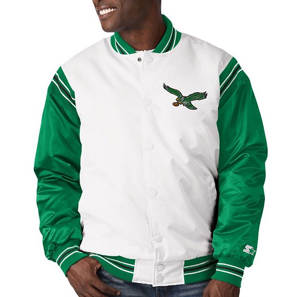 Men's Starter White/Green Philadelphia Eagles Historic Logo Renegade Satin  Varsity Full-Snap Jacket