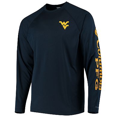 Men's Columbia Navy West Virginia Mountaineers Terminal Tackle Omni-Shade Raglan Long Sleeve T-Shirt
