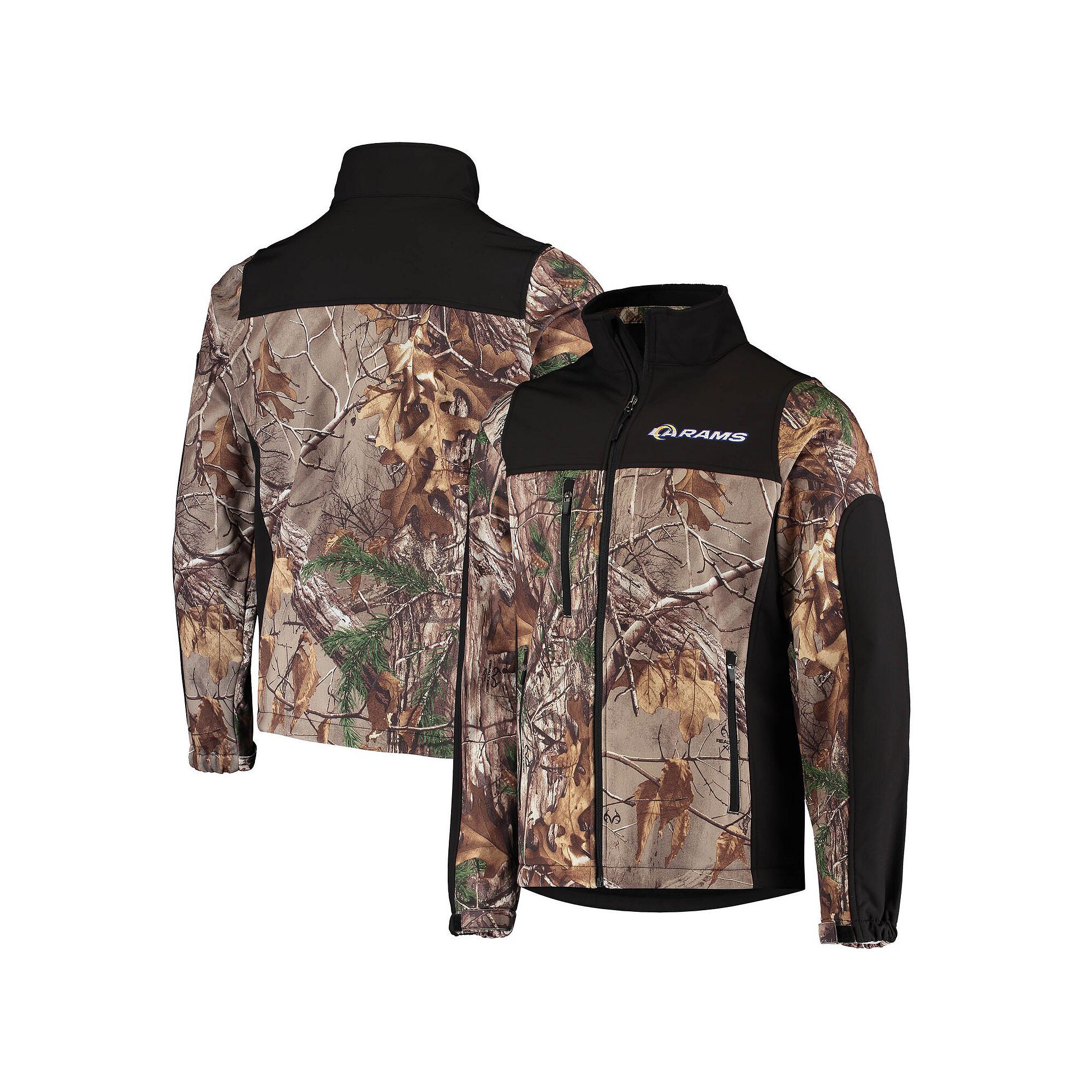 Mens Dunbrooke Realtree Camo/Black Los Angeles Rams Circle Hunter Softshel