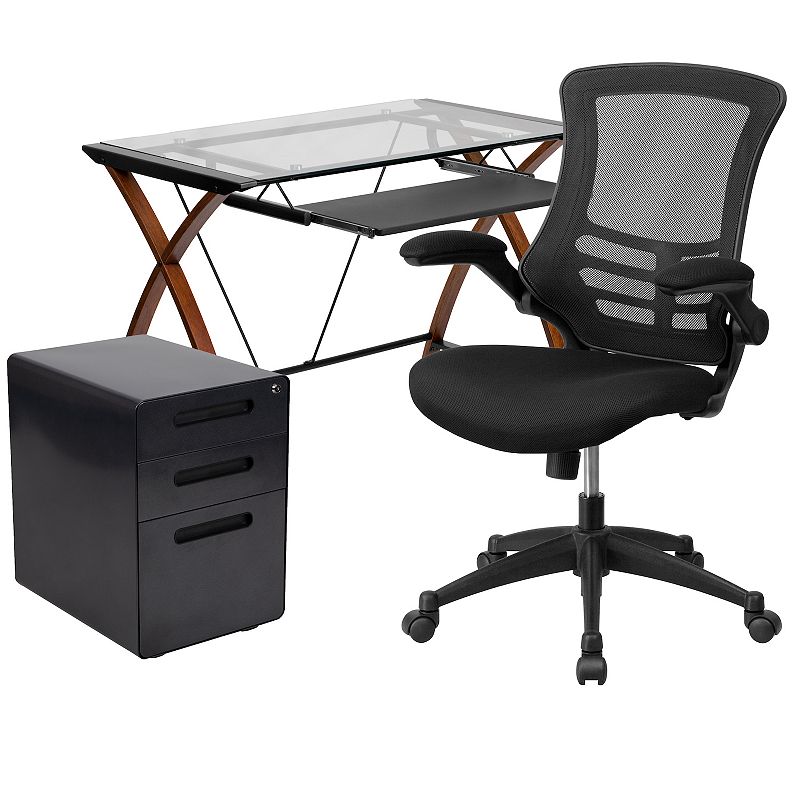Flash Furniture Glass Top Desk, Office Chair & Filing Cabinet 3-piece Set, 