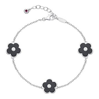 Gemminded Sterling Silver Black Onyx & Cubic Zirconia Flower Pendants Bracelet