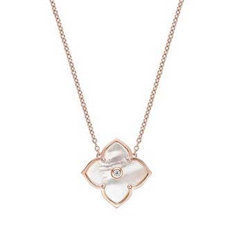 Gemminded Rose Gold Over Sterling Silver Mother-Of-Pearl & Cubic Zirconia Flower Pendant Necklace