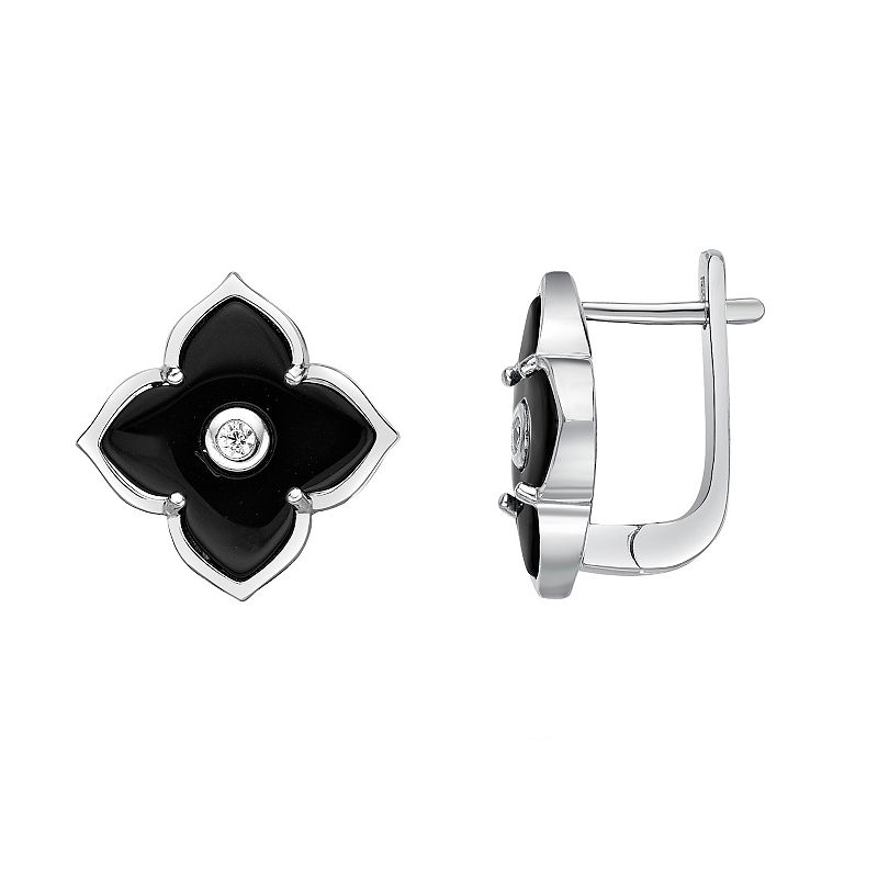 Gemminded Sterling Silver Black Onyx & Cubic Zirconia Flower Earrings, Wome