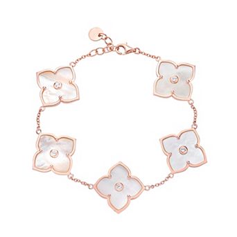 Gemminded Rose Gold Over Sterling Silver Mother-Of-Pearl & Cubic Zirconia Flower Pendants Bracelet