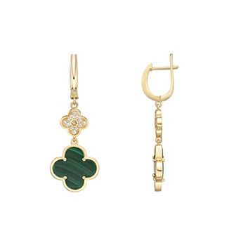Gemminded Gold Over Sterling Silver Malachite & Cubic Zirconia Flower Double-Drop Earrings