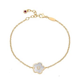 Gemminded Gold Over Sterling Silver Mother-Of-Pearl & Cubic Zirconia Flower Pendant Bracelet