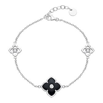 Gemminded Sterling Silver Black Onyx & Cubic Zirconia Flower Pendant Bracelet