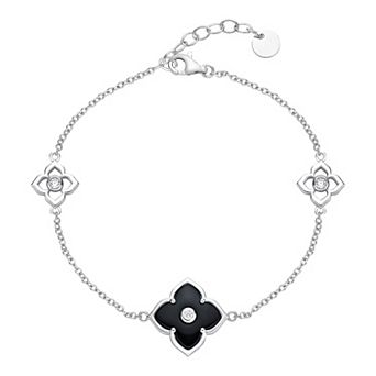 Gemminded Sterling Silver Black Onyx & Cubic Zirconia Flower Pendant Bracelet