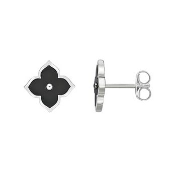 Gemminded Sterling Silver Black Onyx & Cubic Zirconia Flower Stud Earrings