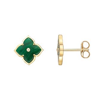 Gemminded Gold Over Sterling Silver Malachite & Cubic Zirconia Flower Stud Earrings
