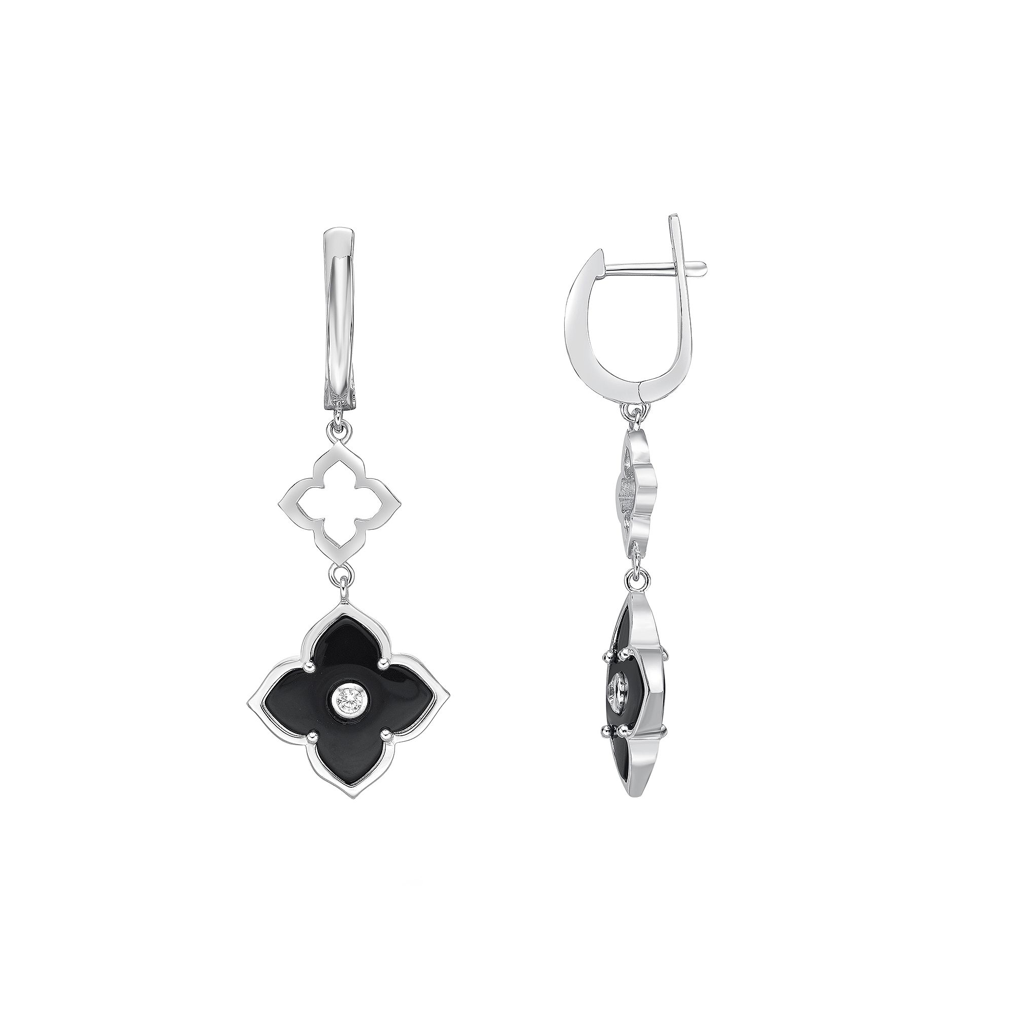 Gemminded Sterling Silver Black Onyx & Cubic Zirconia Flower Drop Earrings,