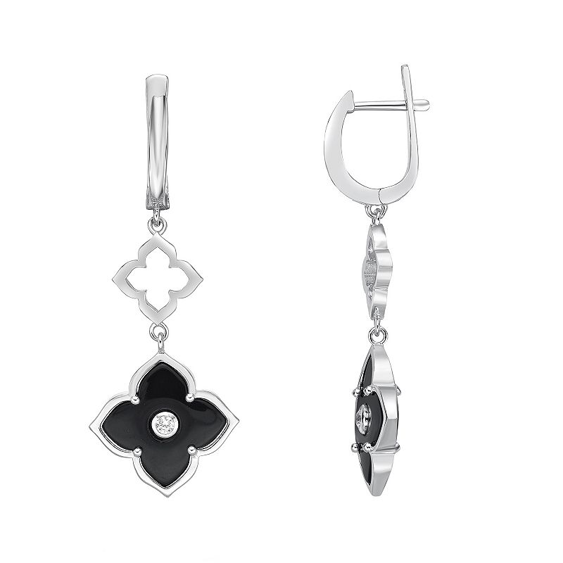 Gemminded Sterling Silver Black Onyx & Cubic Zirconia Flower Drop Earrings,