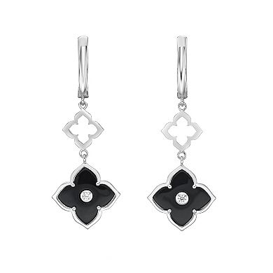 Gemminded Sterling Silver Black Onyx & Cubic Zirconia Flower Drop Earrings