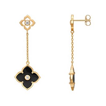 Gemminded Gold Over Sterling Silver Black Onyx & Cubic Zirconia Flower Linear Drop Earrings